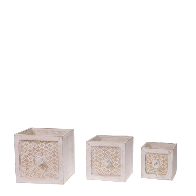 Set/3 Drawer planter wood 18x18x18cm with plastic White-wash