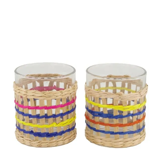 Tealight holder with rattan glass 9x9x10cm 2 Mixed