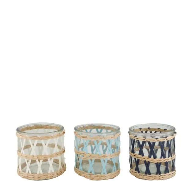 Tealight holder with rattan glass 12x12x12cm 3 Blue mix