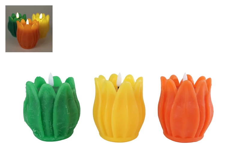 Kaars LED "Tulip" S oranje/geel/groen 3 assortie 2xAAex 9x9x11cm