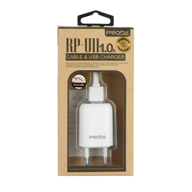 USB Adapter 5V 1A AC Oplader met MicroUSB kabel - Wit Proda RP-U11a