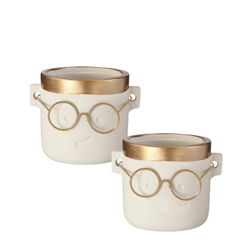 Pot Harry cement met bril 2 assortie 12,5x10x10cm ecru-goud