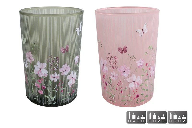 Theelichthouder "Flower Stripe" L roze/groen 2 assortie glas 12x12x18cm