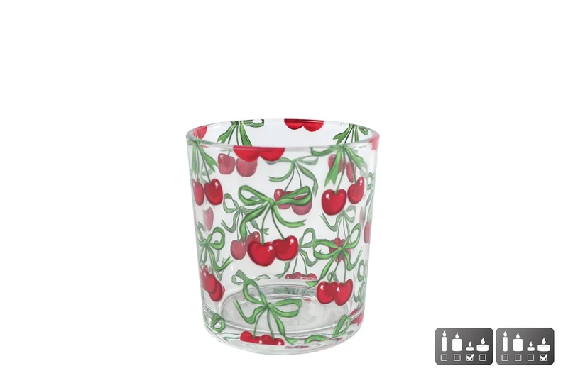 Theelichthouder "Cherries" S rood/groen glas 7,5x7,5x8cm