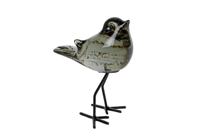 Sculptuur vogel "Finch" op voet helder/d.groen glas 11x8x14cm