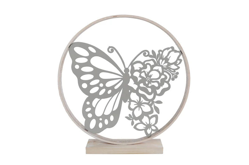 Sculptuur "Butterfly" in ring wit metaal/hout 36,5x36,5x6cm