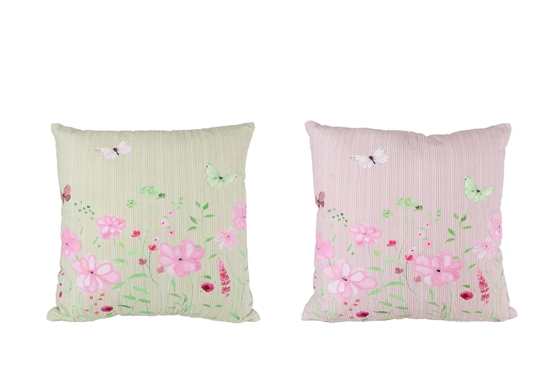 Kussen "Floral" groen/roze 2 assortie stof 45x45x10cm