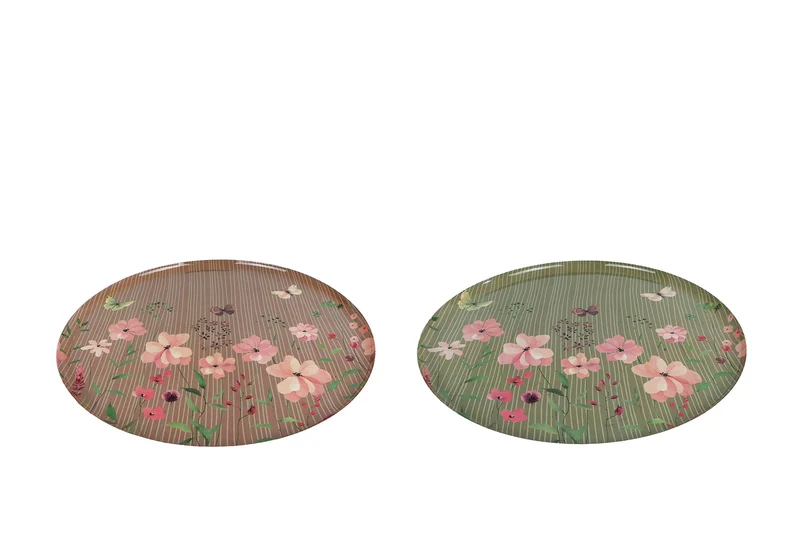 Dienblad "Floral" rond groen/roze 2 assortie metaal 34x34x1,5cm