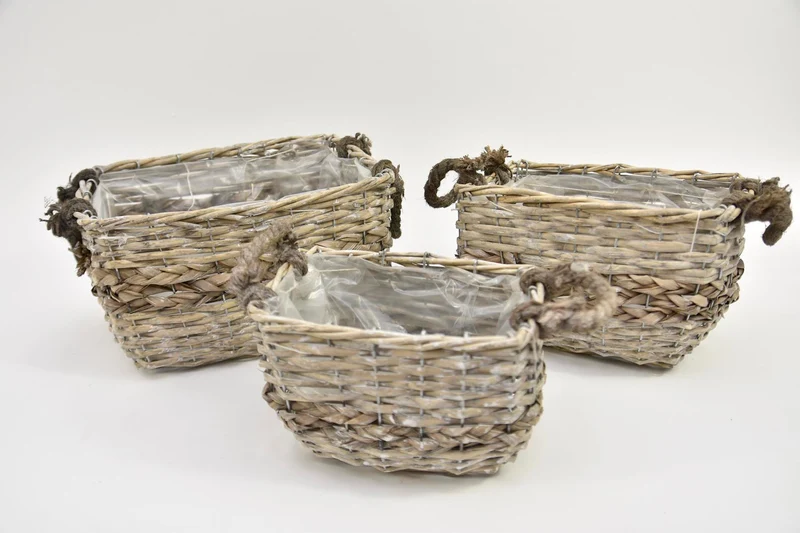 Set/3 manden rechthoek met jute oren zeegras/riet 31x23x17cm grijs