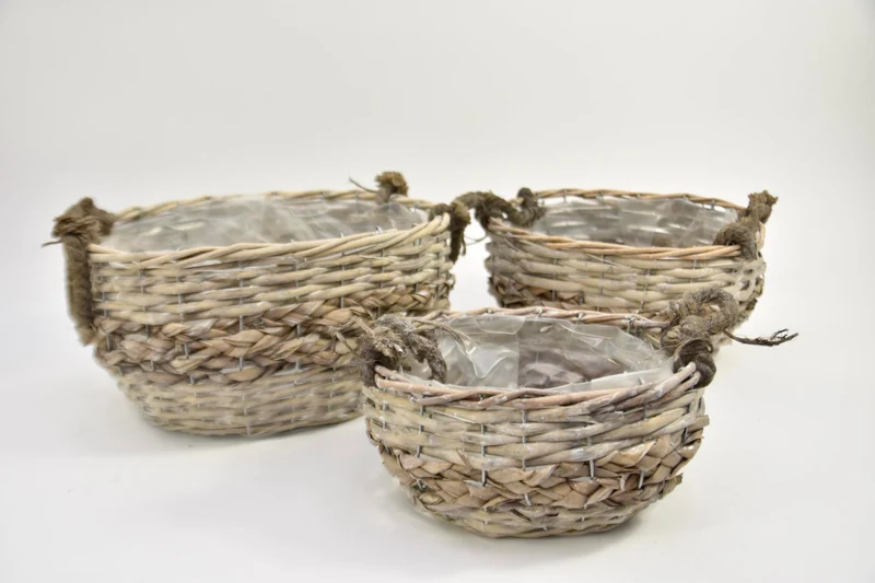 Set/3 manden ovaal met jute oren zeegras/riet 34x27x17cm grijs