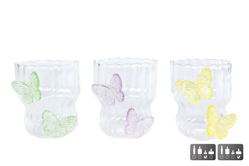 Theelichthouder glas "Butterfly" roze/groen/geel 3 assortie 7,5x6,5x9cm