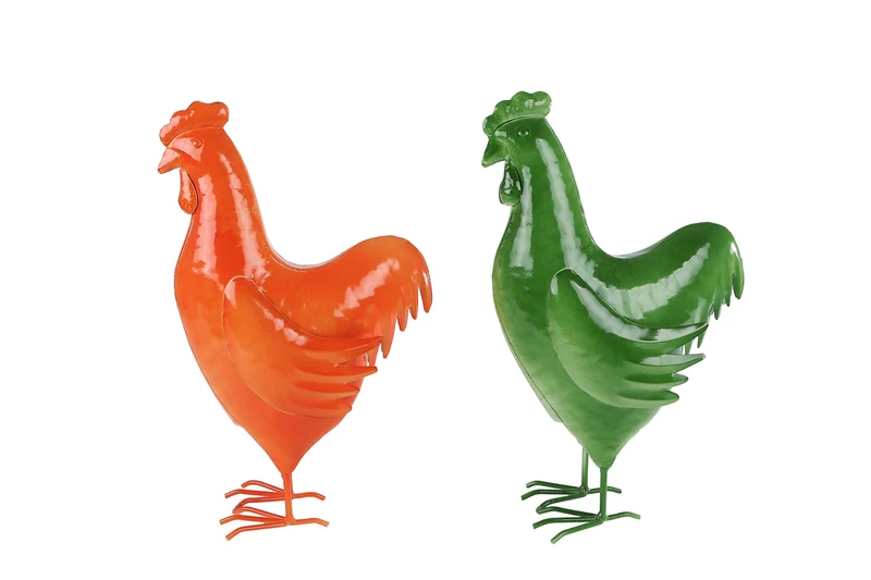 Sculptuur "Kip" oranje/groen 2 assortie metaal 20x9x31cm/18x9,5x27cm