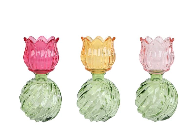 Vaas Theelichthouder glas "Tulip" roze/paars/amber 3 assortie 10x10x17cm