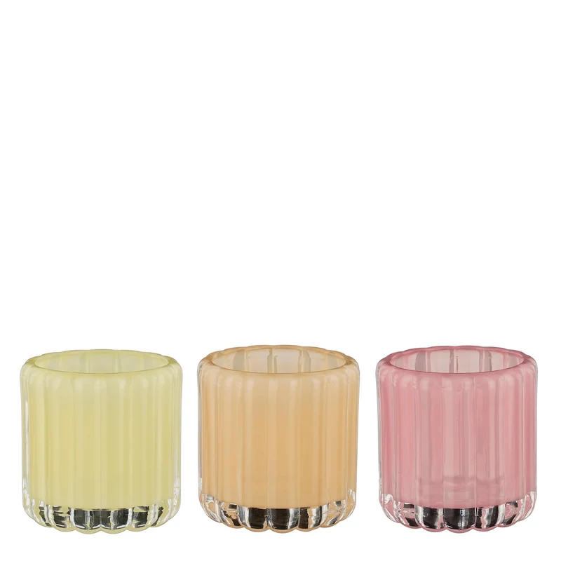 Theelicht houder glas l.geel l.roze oranje 3 assorti - h8,5xd9cm
