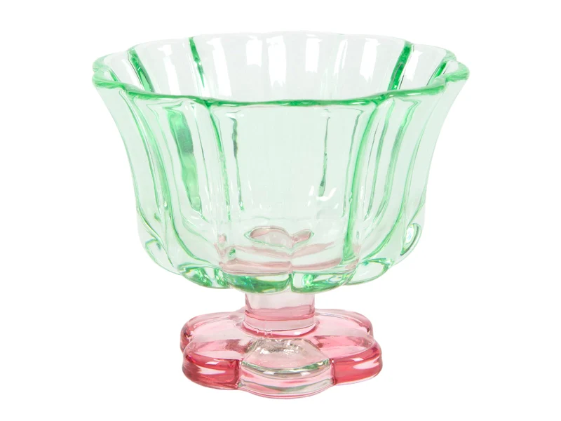 Glas bloemvorm roze/groen d10,8x9,3cm