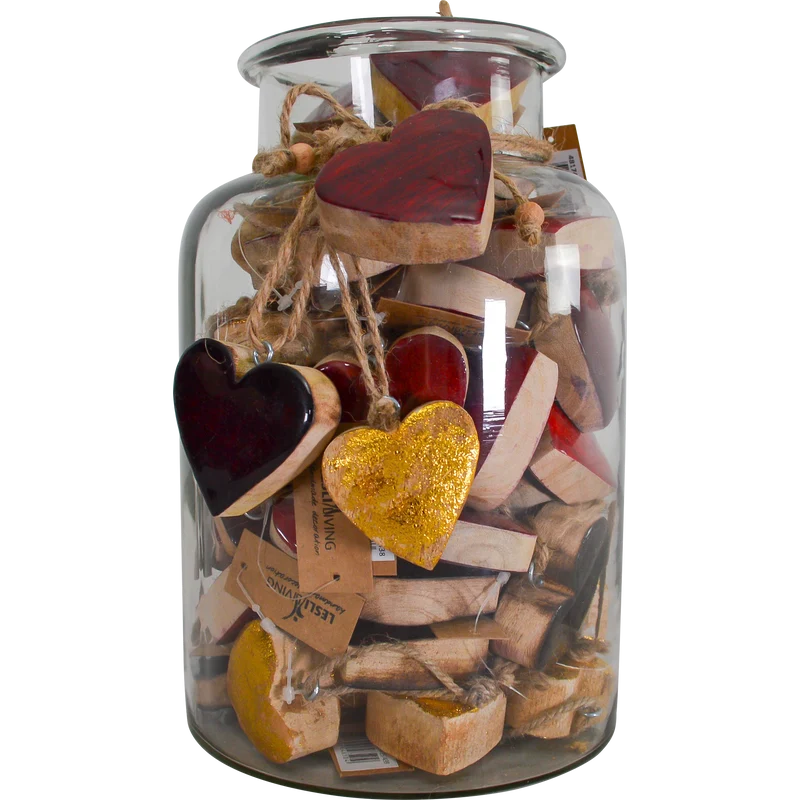 60 stuks Hanger hart mangohout in glaspot, 3 assortie 6x5cm