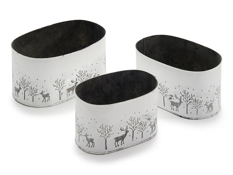 Set/3 Planters ovaal 'Deer wit 18+21+25cm zink