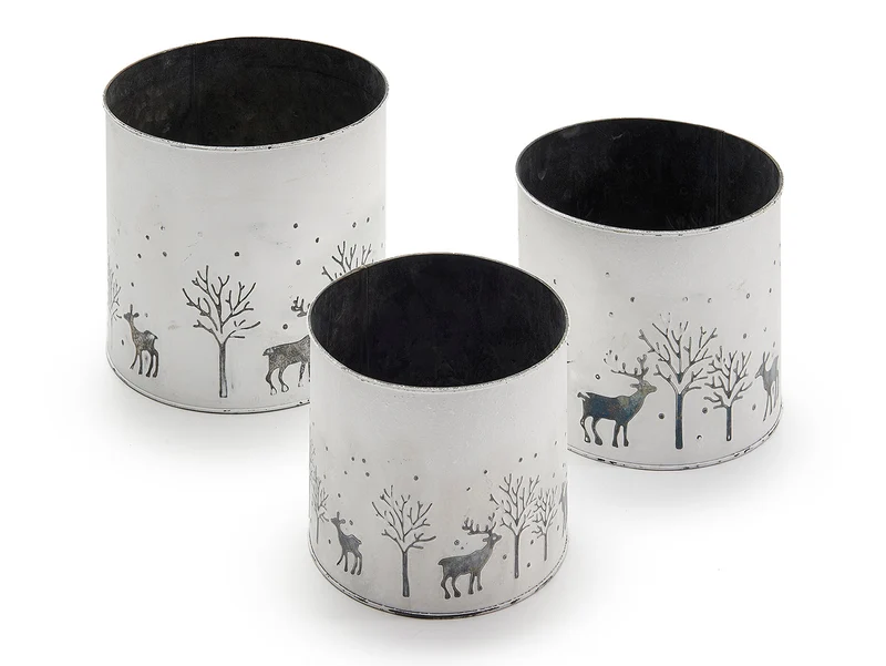 Set/3 Planters rond 'Deer wit 14+16+18cm zink