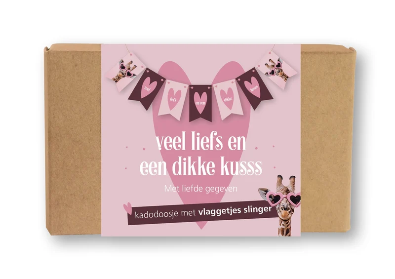 Doosje vlaggetjes slinger ''Veel liefs en een dikke kusss''