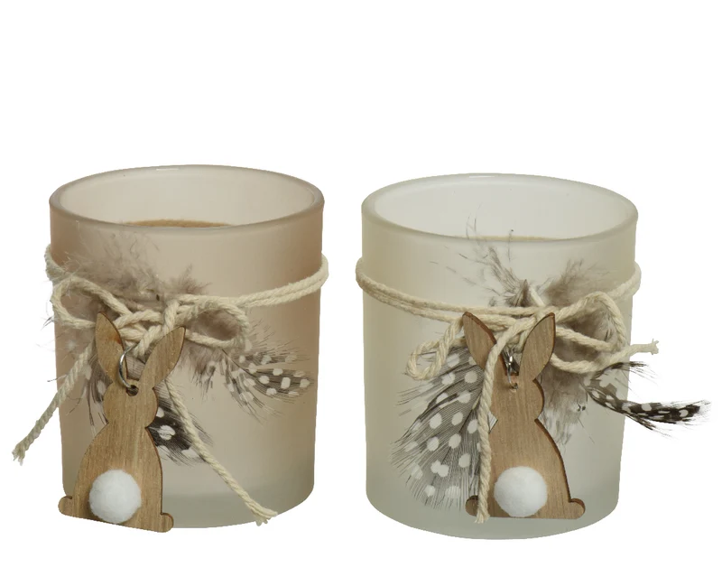 Theelichthouder glas ''haasje'' 2 kleuren assortie H.9cm D.8cm