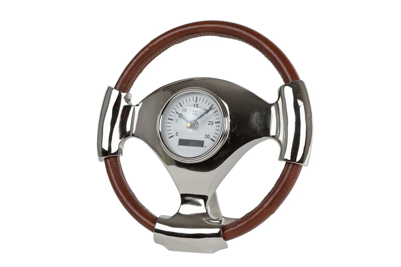 Klok "Racing Wheel" aluminium/leather-look 1xAAex 27x27x9cm