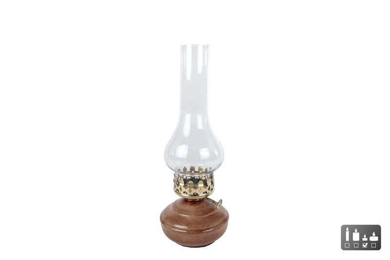 Theelichth "Olielamp" beige/helder aardew/glas 10x10x27cm
