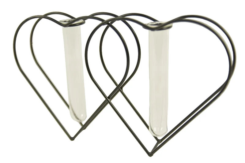 Metalen houder hart zwart met 2 reageerbuizen ''XL'' 30x5x20cm