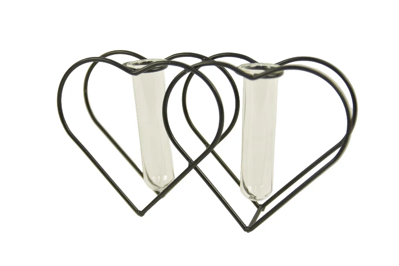 Metalen houder hart zwart met 2 reageerbuizen ''M'' 23x5x13cm