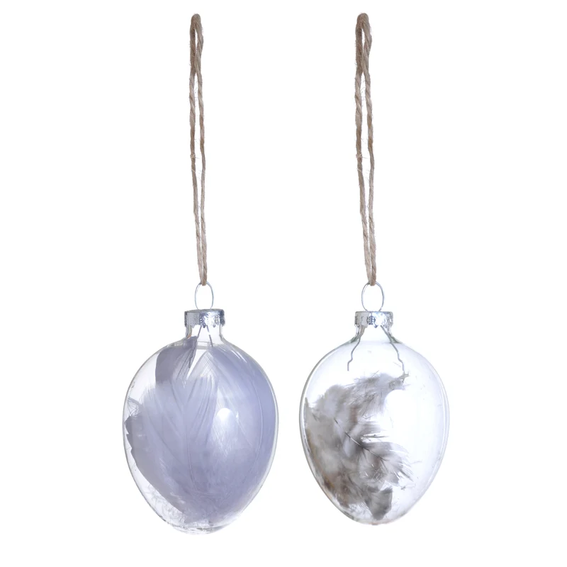 Hanger Egg Glass Feather 2 assorted D6 H9cm