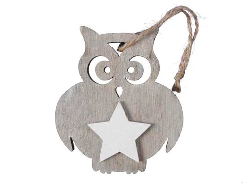 pb. 8 wooden owls/hanging grey/white 7 cm
