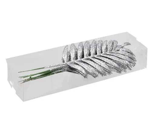 PET 8 glitter palm leaves/wire silver 16 cm