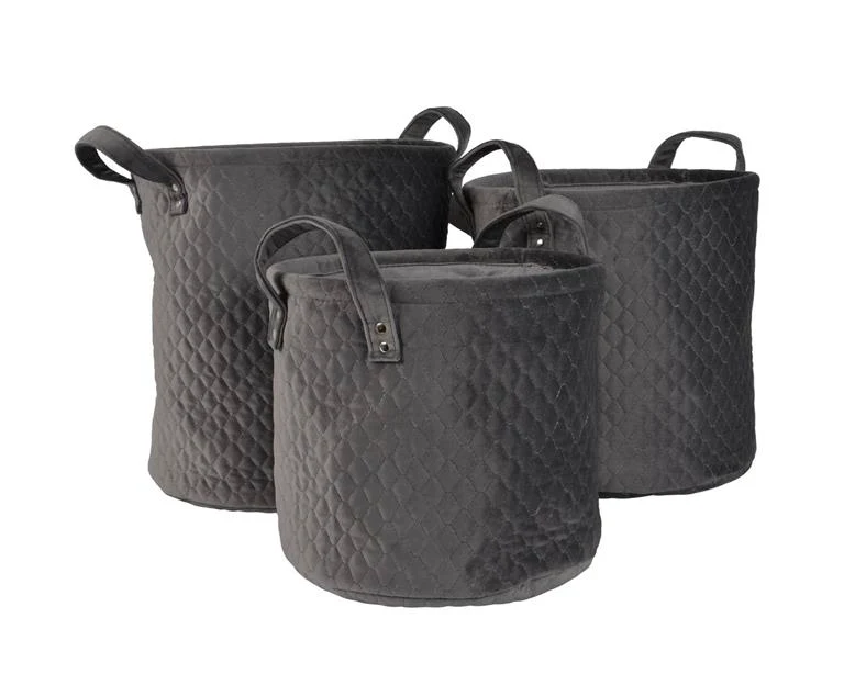 Set a 3 pes velvet basket w handle stone grey dia34x35cm