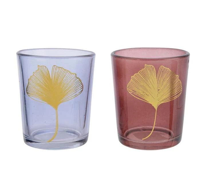 glass tealightholder w ginko leaf 2clas assorted dia5.5x6.5cm