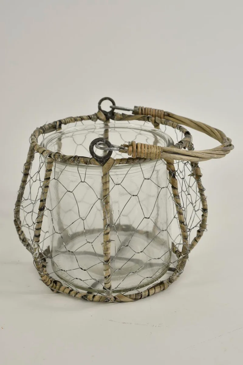 Mand gaas met glas en riet hengsel grijs D14 H13/25cm