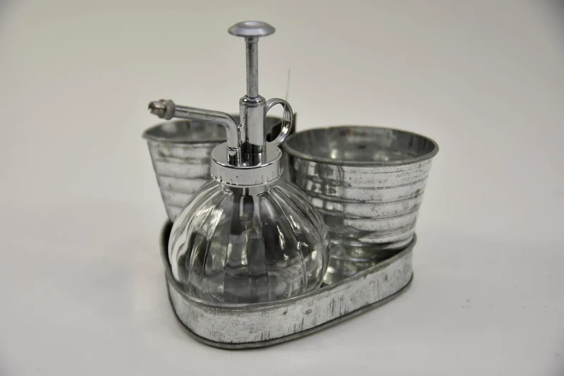 Zinkplateau met 2 zinkpot en fles naturel 16x16x16cm
