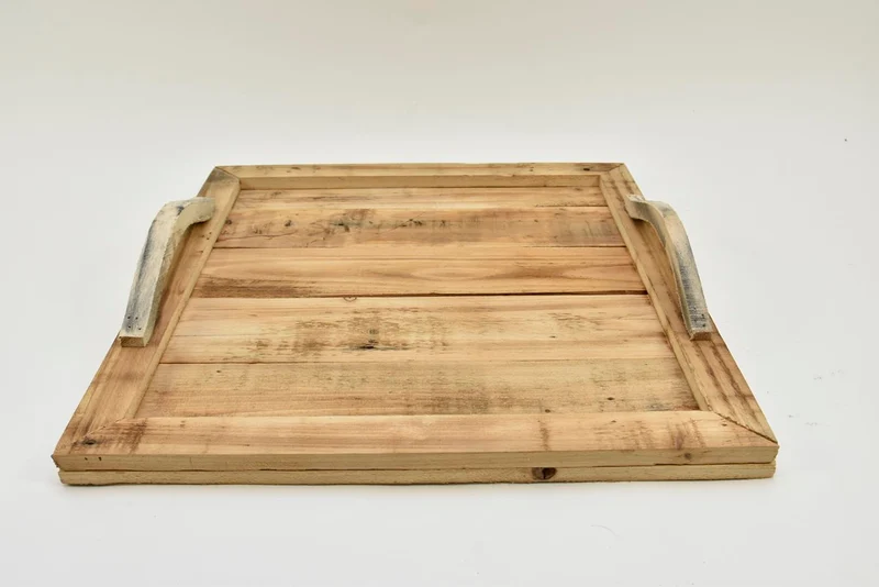 Dienblad vierkant met handgrepen hout naturel 39x39x7cm