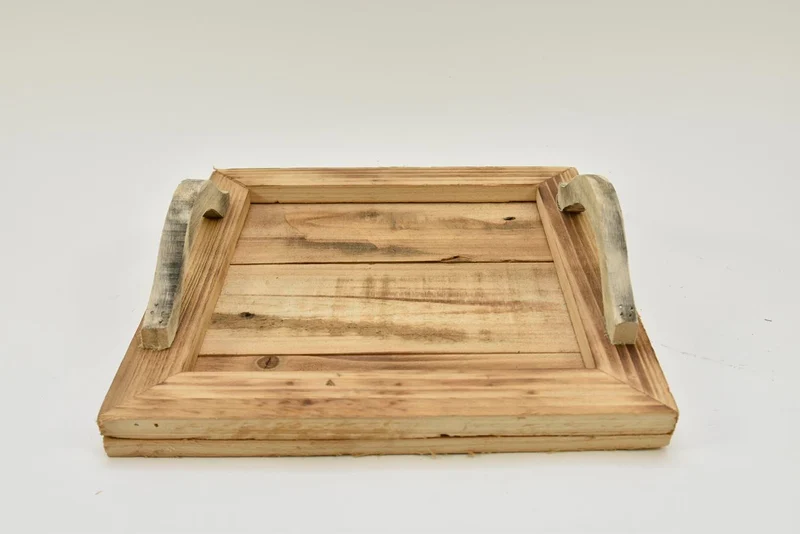 Dienblad vierkant met handgrepen hout naturel 25x25x6cm