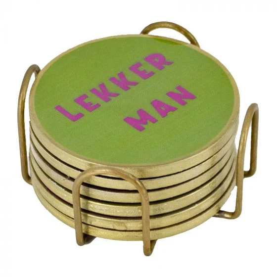 Set van 6 onderzetters met tekst in rekje 10x10x5cm