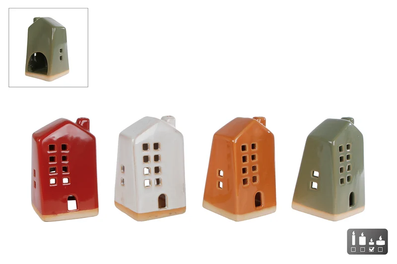 Theelichthouder "House" S gr/rd/br/iv 4 assortie aardewerk 6,4x6,1x10,5cm