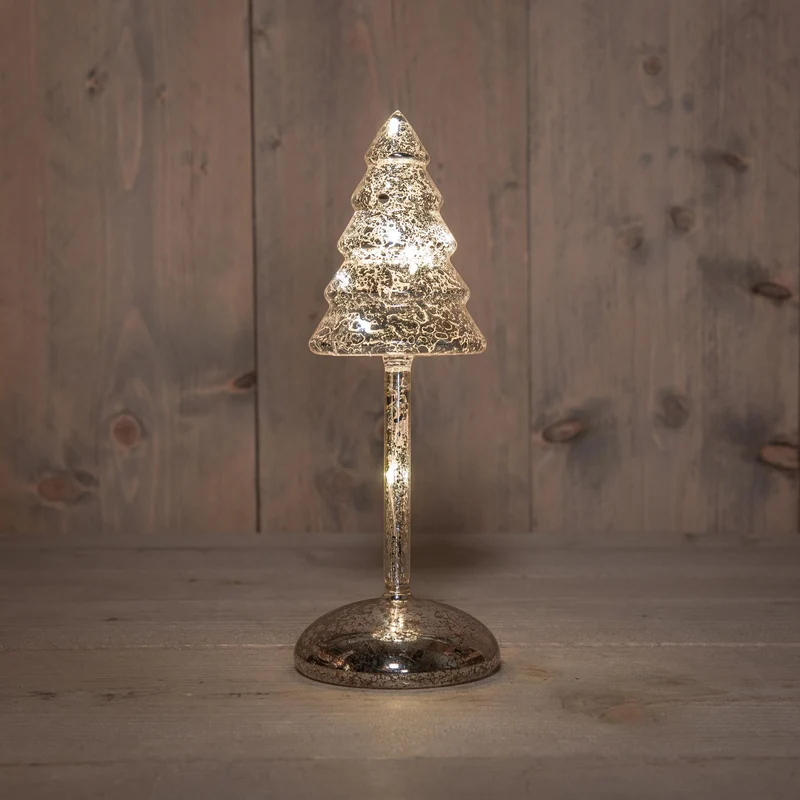 KERSTBOOM OP STAM GLAS LED OP BATTERIJ MET TIMER H25.5CM ZILVER