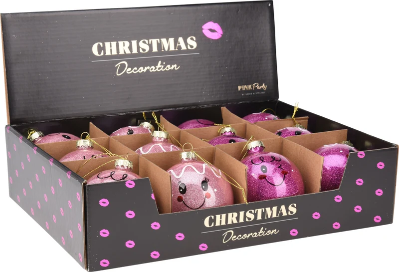 KERSTBAL GLAS D8 CM GEZICHT ROZE FUCHSIA 4 ASSORTIE