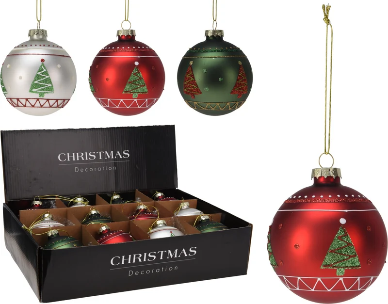 KERSTBAL GLAS BOOM D8 CM 3 ASSORTIE KLEUR