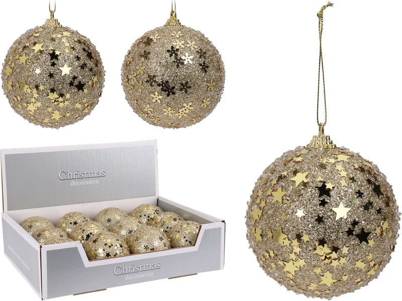 KERSTBAL POLYFOAM D8 CM GLITTER GOUD 2 ASSORTIE DESIGN