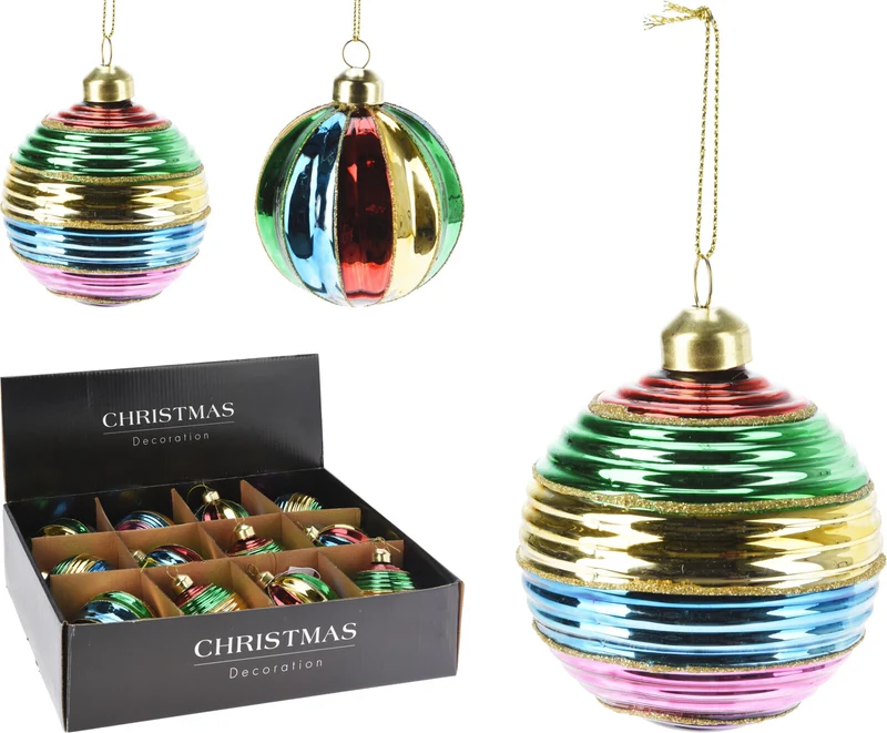 KERSTBAL GLAS D8 CM MULTIKLEUR STREEP 2 ASSORTIE