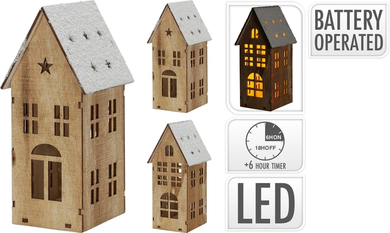 HOUTEN HUIS + SNEEUW 8X9X18CM MET LED/TIMER EXCL. 2X AAA 2 ASSORTIE