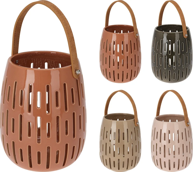 LANTAARN KERAMIEK MET HANDVAT D15,5 H20CM 4 ASSORTIE KLEUR ''AARDE''