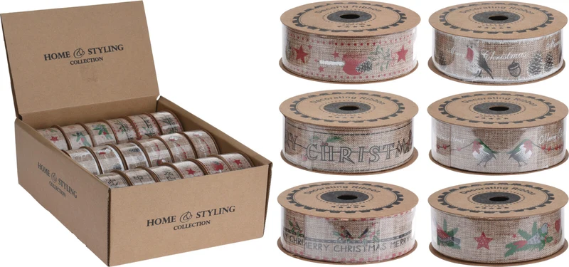 LINT JUTE 2,5X500CM MET KERSTPRINT 6 ASSORTIE