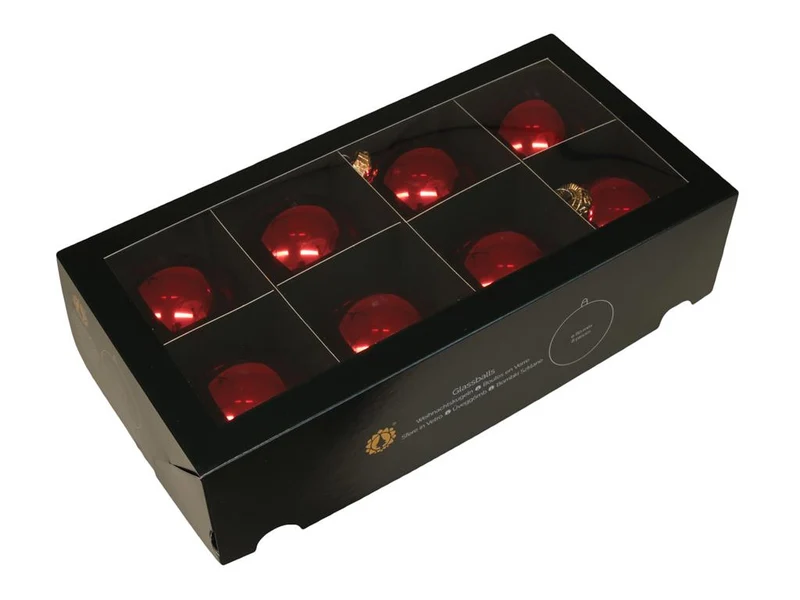 w/b. 8 glassballs/cap red shiny 80 mm