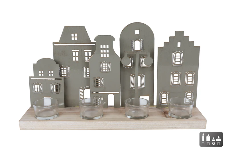 Theelichthouder "Straat" 4x offwhite metaal/hout 38x8,5x20cm