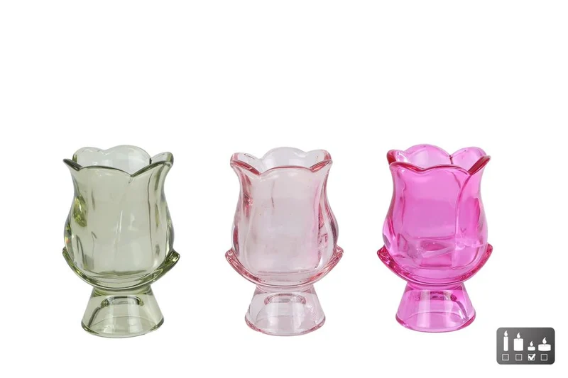 Theelichthouder "Elsie" groen/roze/fuchsia 3 assortie glas7x7x12cm